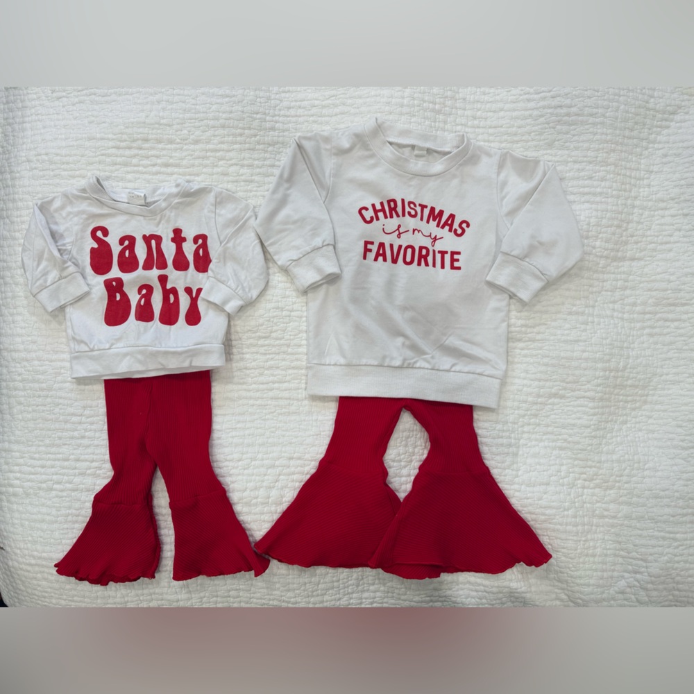 Christmas sweatshirt and stretchy bell bottoms- no longer have the smaller size!